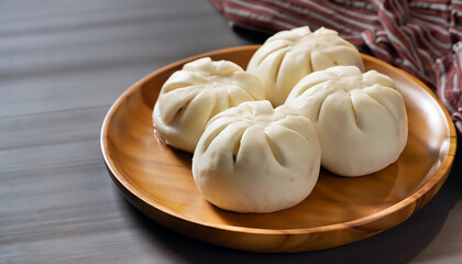 Fototapeta na wymiar Chinese steamed meat bun is ready to eat on serving plate and steamer, close up, copy space product design concept. Generative Ai