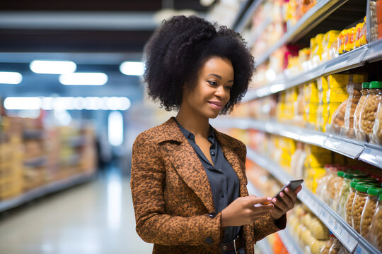 young adult African American woman choosing a product in a grocery store. Neural network generated image. Not based on any actual person or scene.