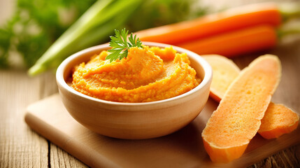 A bowl with healthy baby food carrot puree on a wooden table, with fresh carrots.