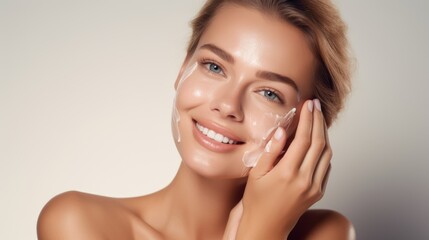 a beautiful blonde woman applying cosmetic cream to her face, self-care and beauty routine