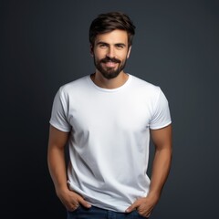 Fototapeta premium a handsome man wearing a plain white t-shirt against a minimal dark background
