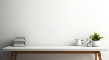 minimalistic desk background with books and coffee cup and pot of plant