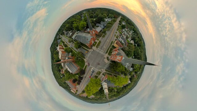 360 tiny planet of the churches in Downtown Palmyra in New York State USA. Also the location of the beginnings of Mormonism. Book of Mormon. Joseph Smith