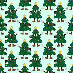 Retro 70s 60s 80s Hippie Groovy Seamless Pattern with Christmas Tree Character show sign peace. Vector flat illustration.