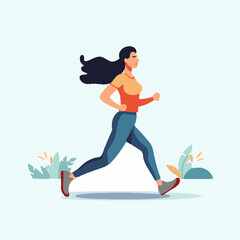 Fototapeta na wymiar Woman jogging with flowing black hair. Wears orange top and blue jeans. Steps past small plants on light blue background.