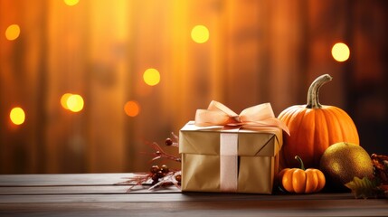 gift and pumpkin placed on a wooden table against a Thanksgiving-themed background