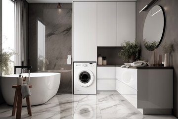 modern interior of home laundry room with modern washing machine. Scandinavian style interior.  - obrazy, fototapety, plakaty