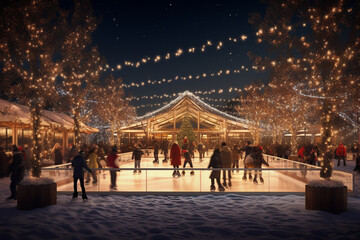 Winter christmas market with ice skating and christmas pine trees - obrazy, fototapety, plakaty