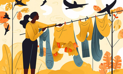 Woman hangs wet clothes on the drying line.Mother Washing and Drying Clothes Together. Character Weekend Duties, Every Day Routine, Laundry,A housewife.