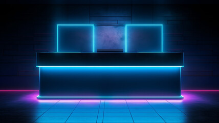 Futuristic neon check in desk or reception for pool bar, lounge, high class club or entertainment venue