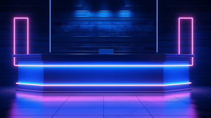 Futuristic neon check in desk or reception for pool bar, lounge, high class club or entertainment venue