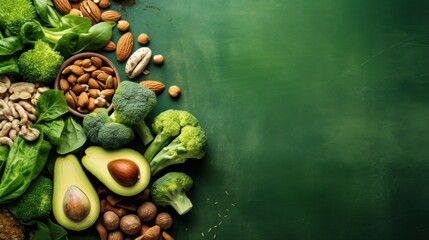 Fresh vegetables, fruits, and nuts, vegetarian vegetables, Colorful vegetables on green background - obrazy, fototapety, plakaty