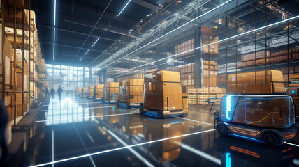 Futuristic warehouse or logistics center powered by advanced technology and artificial intelligence and robotics