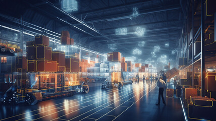 Futuristic warehouse or logistics center powered by advanced technology and artificial intelligence and robotics - obrazy, fototapety, plakaty