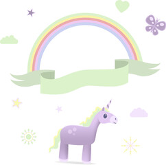 Digital png illustration of rainbow with copy space and unicorn on transparent background