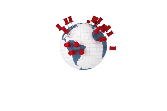Digital png illustration of globe with pins on transparent background - Powered by Adobe