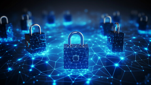 Cyber security concept with protective lock and digital global infrastructure, internet of things antivirus protection