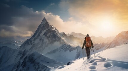 Traveler in the snow-capped mountains - obrazy, fototapety, plakaty