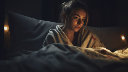 Fototapeta premium Beautiful young woman sleeping cozy in bed with blanket in evening