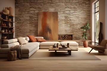  a living room designed with stone walls and wooden floors ai generative