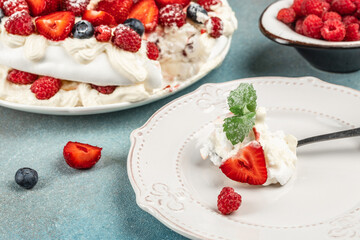 pavlova layer cake with Meringue, Whipped Cream, and Fresh Berries
