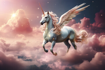 Unicorn with wings flying in the clouds 