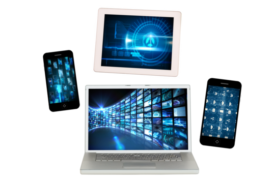 Digital png illustration of digital devices with digital interface on transparent background