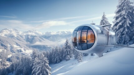 Modern spacious gondola cable car with cabin against the backdrop of snow-capped mountains in the luxurious winter alpine mountains. - obrazy, fototapety, plakaty