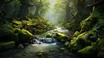A bubbling brook winding through a moss-covered forest, the water crystal clear.