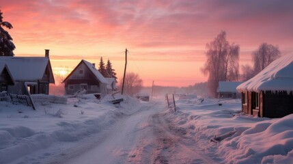 A small cozy, homely house in a village in the distance surrounded by a snow-covered landscape of beautiful nature in the middle of winter in pink sunshine.