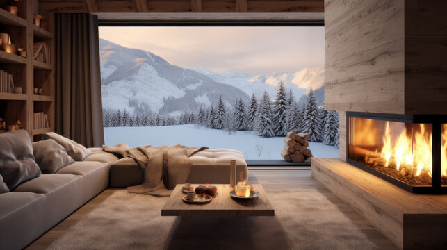 Fototapeta Cozy living room with panoramic window, fireplace with fire and view of winter mountains and forest at a ski resort and luxury hotel, during vacation and winter holidays.