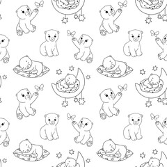 Obraz na płótnie Canvas Seamless pattern with cute polar baby bear on ice floe and sleeping. Cartoon hand drawn vector outline illustrations