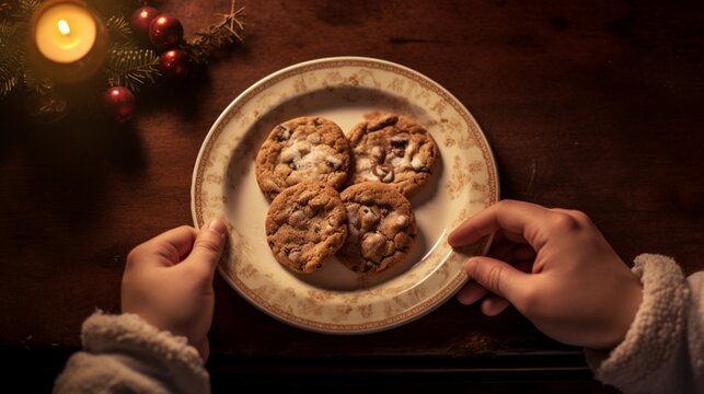 A child's hand placing a freshly baked cookie on a plate for Santa.