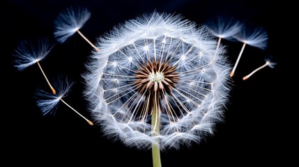 A close-up of a dandelion, its seeds ready to be blown away by the wind.