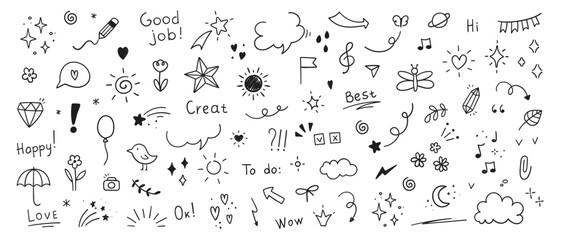 Fototapeta na wymiar Doodle, cute, glitter, pen, line, elements, heart, arrow, star, decoration, symbol, set, icon, simple, sketch
