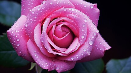 A close-up of a dew-kissed rose, its petals vibrant and glistening.