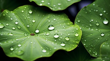 A close-up of raindrops on a lotus leaf, each droplet reflecting the surrounding greenery.