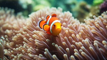 Fototapeta na wymiar a clown fish swimming in a sea anemone.