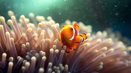 a clown fish swimming in a sea anemone.