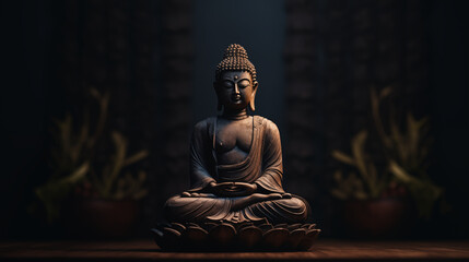 Buddha statue on dark background. Buddha statue in meditation.