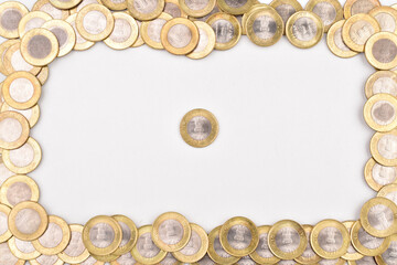 Top view of coin frame on white background