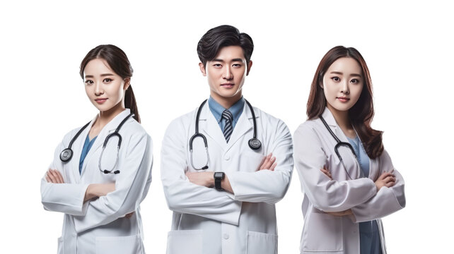 Asian Surgeons team, uniform, arms crossed, isolated on transparent background