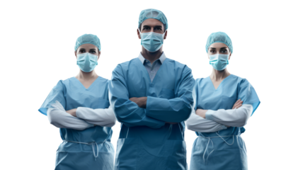 Asian Surgeons team, uniform, arms crossed, isolated on transparent background