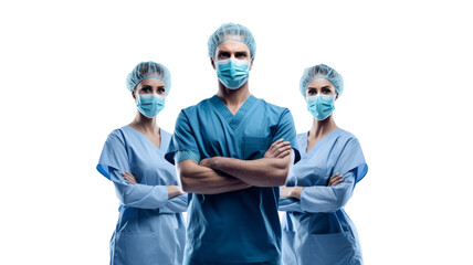 Asian Surgeons team, uniform, arms crossed, isolated on transparent background