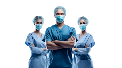 Asian Surgeons team, uniform, arms crossed, isolated on transparent background