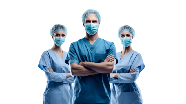 Asian Surgeons team, uniform, arms crossed, isolated on transparent background