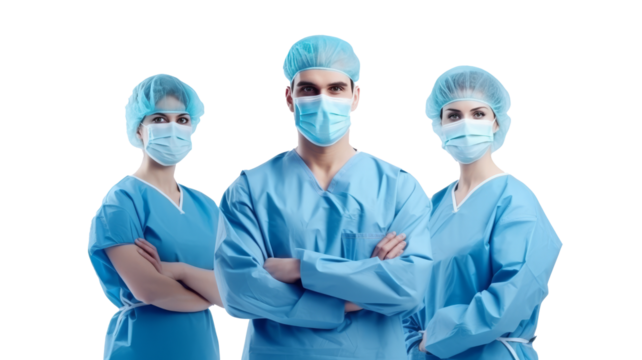 Asian Surgeons team, uniform, arms crossed, isolated on transparent background