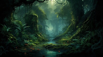 A deep and dense jungle, mysterious and teeming with life, awaiting exploration.
