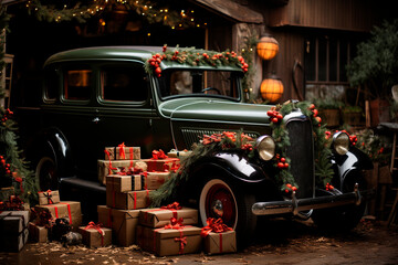 Christmas green car, in a garage, with many gift boxes, for Christmas, with a beautiful Christmas decoration, outdoors, generative AI