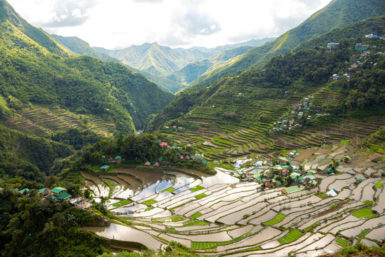 Close up on small village in Batad rice terraces, Banaue, Ifugao, Philippines